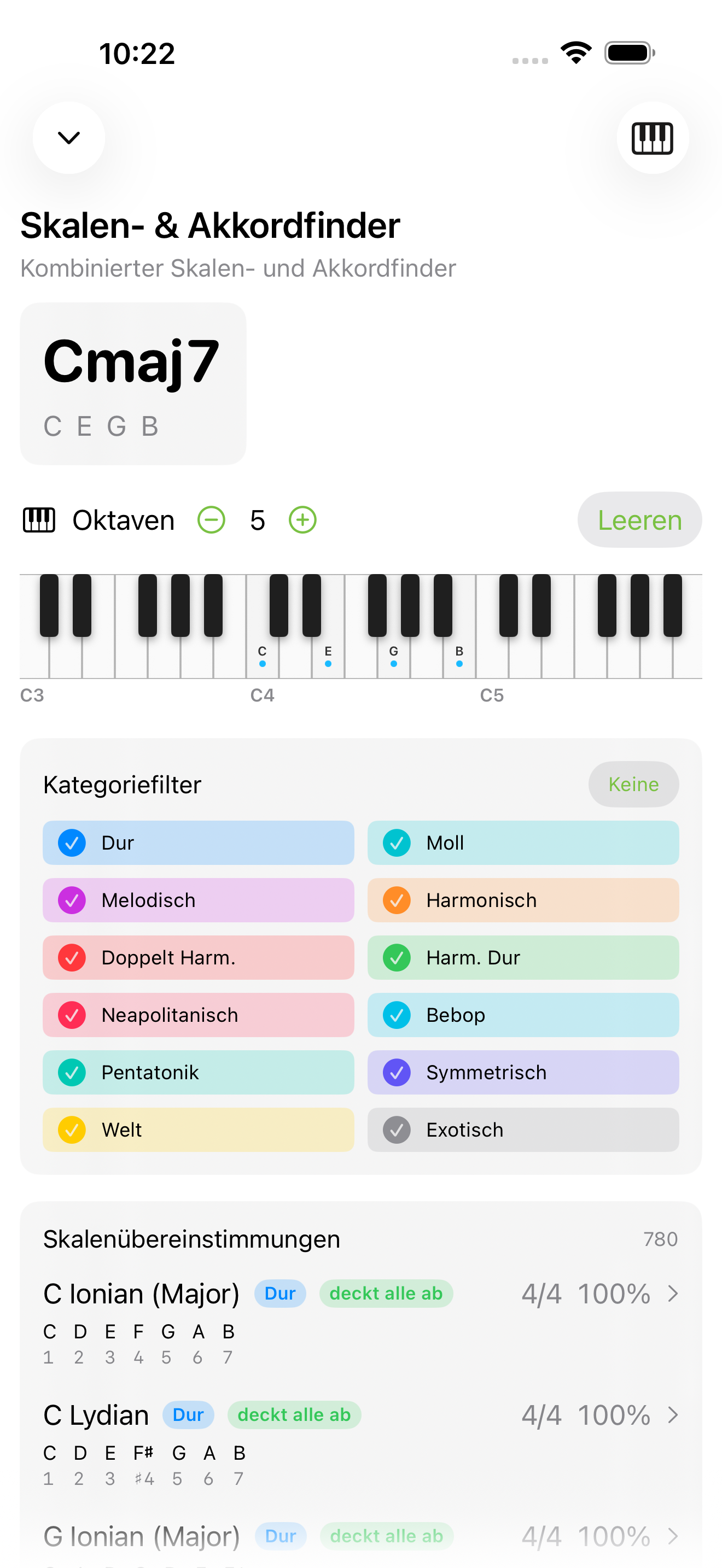 Detaillierte Akkordansicht auf iPhone